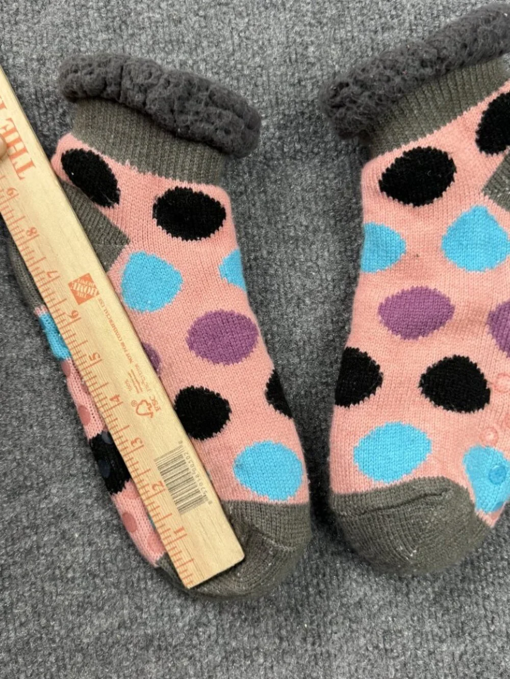 Cozy Non-Slip Slipper Socks Pink Polka Dot Gray Sherpa Cuff Size Small